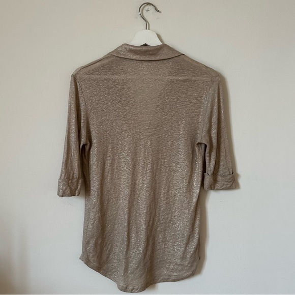 Majestic Filatures Paris Linen Button Down Metallic Shirt Top In Beige Size 2 - Picture 3 of 7